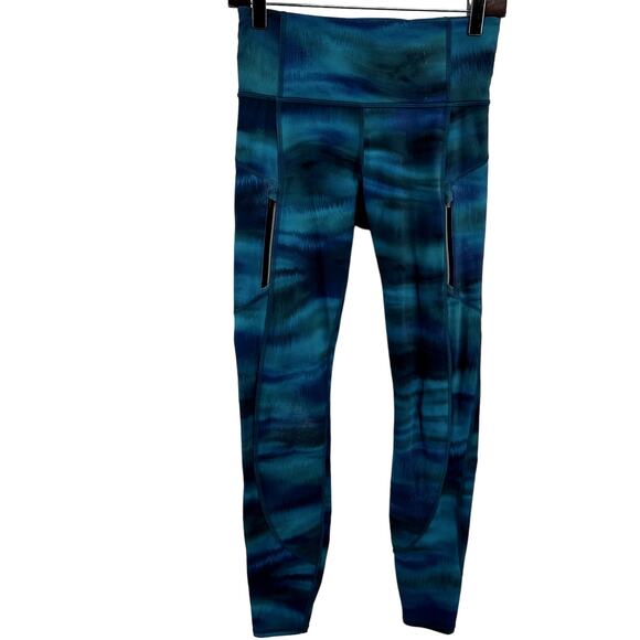 Athleta Rainier Printed Tights Leggings Zipper Pockets High Rise Yoga Blue Small - Picture 2 of 5